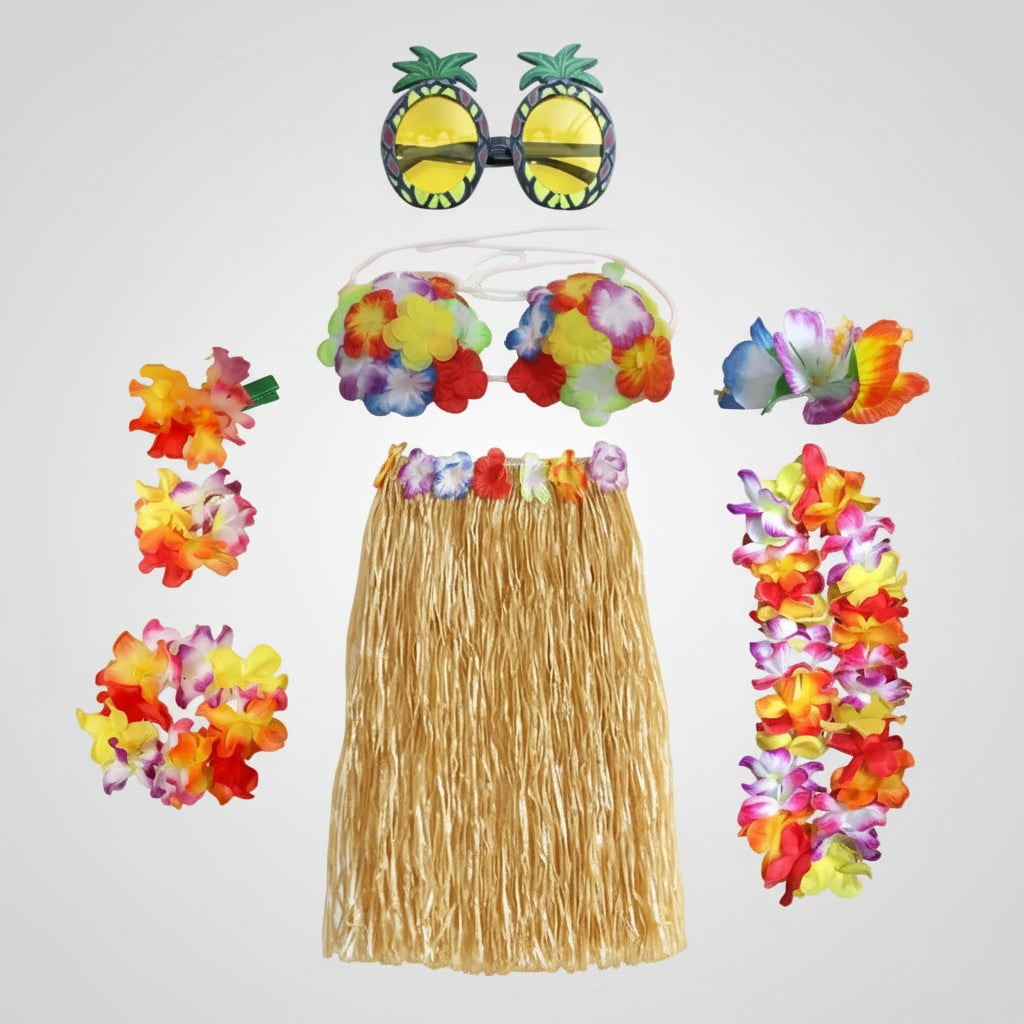 Girls Halloween Hula Skirt Costume Set for Four with Flower Accessories