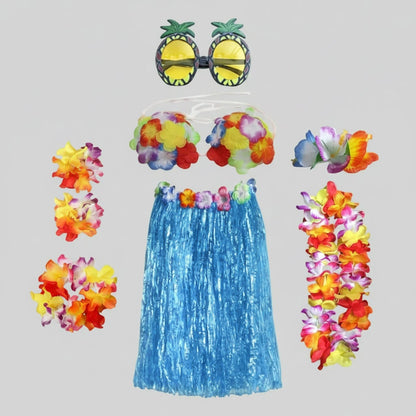 Girls Halloween Hula Skirt Costume Set for Four with Flower Accessories