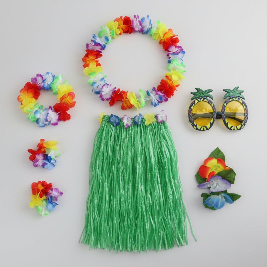 Girls Halloween Hula Skirt Costume Set for Four with Flower Accessories