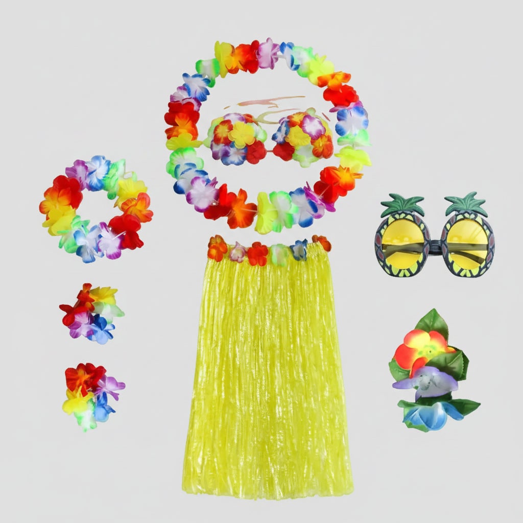 Girls Halloween Hula Skirt Costume Set for Four with Flower Accessories