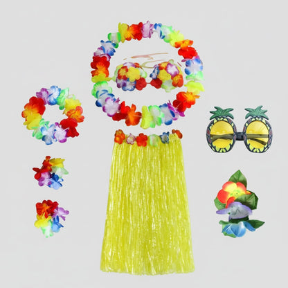 Girls Halloween Hula Skirt Costume Set for Four with Flower Accessories