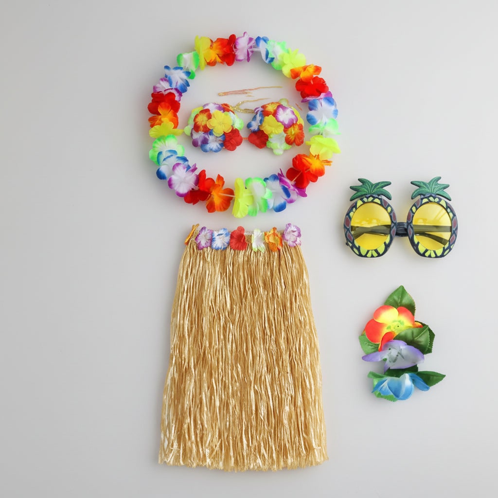Girls Halloween Hula Skirt Costume Set for Four with Flower Accessories