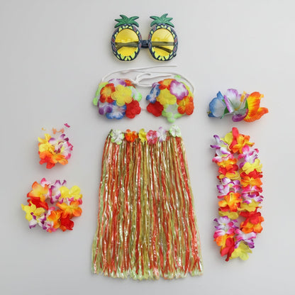 Girls Halloween Hula Skirt Costume Set for Four with Flower Accessories