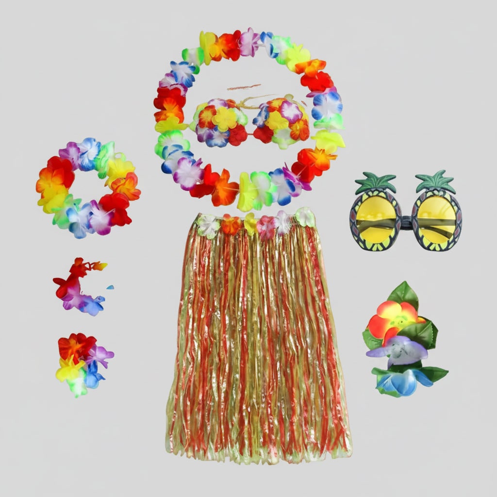 Girls Halloween Hula Skirt Costume Set for Four with Flower Accessories