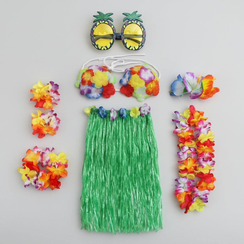 Girls Halloween Hula Skirt Costume Set for Four with Flower Accessories