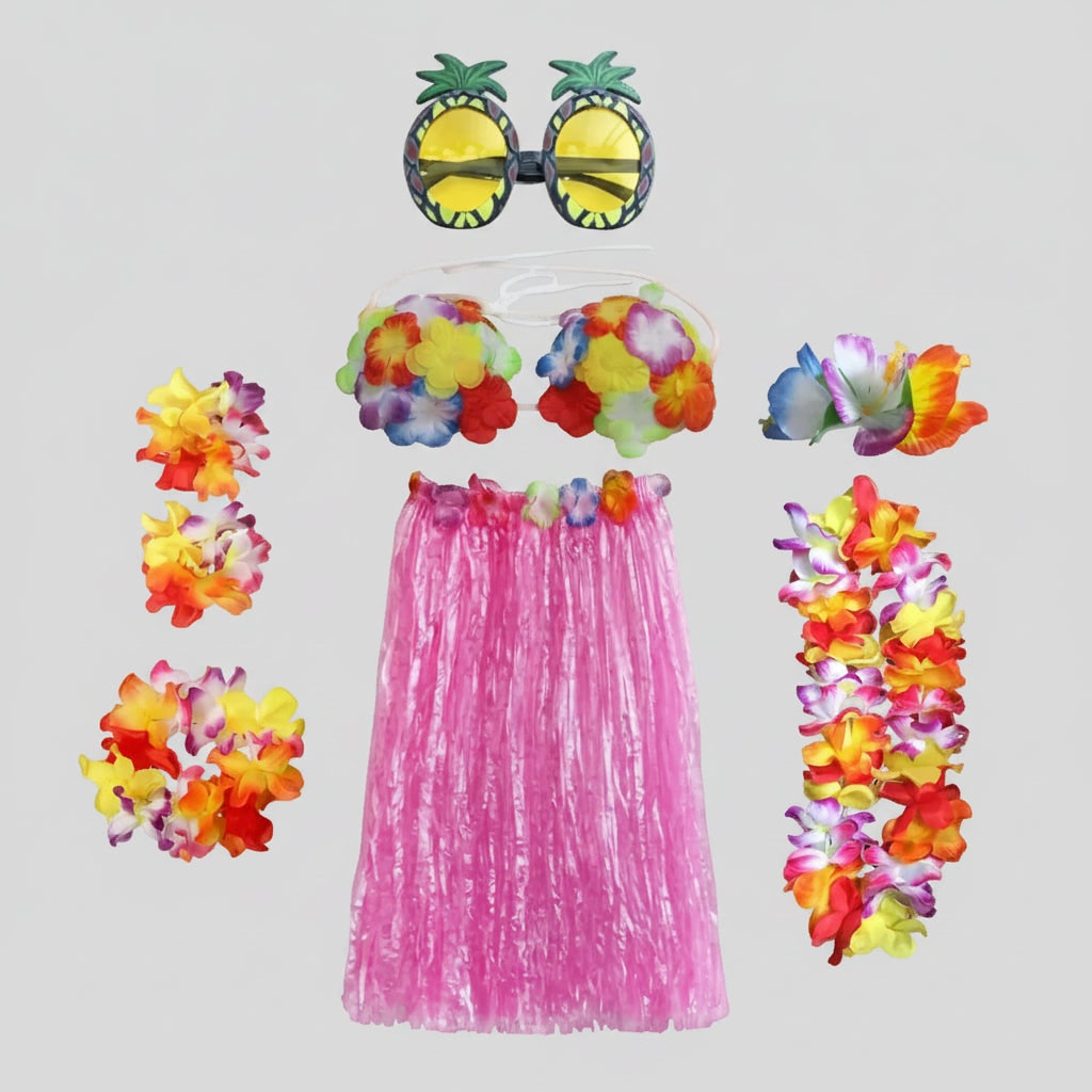Girls Halloween Hula Skirt Costume Set for Four with Flower Accessories