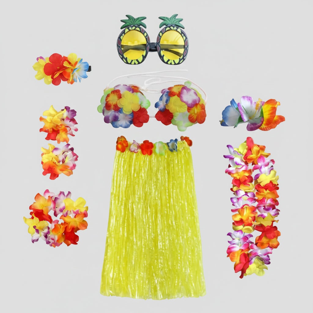 Girls Halloween Hula Skirt Costume Set for Four with Flower Accessories
