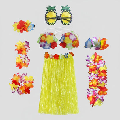 Girls Halloween Hula Skirt Costume Set for Four with Flower Accessories