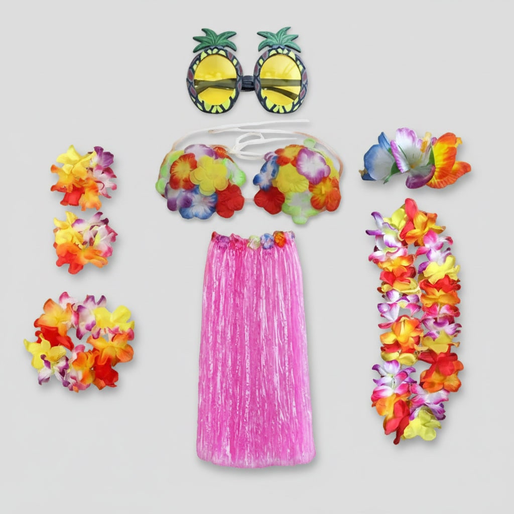 Girls Halloween Hula Skirt Costume Set for Four with Flower Accessories