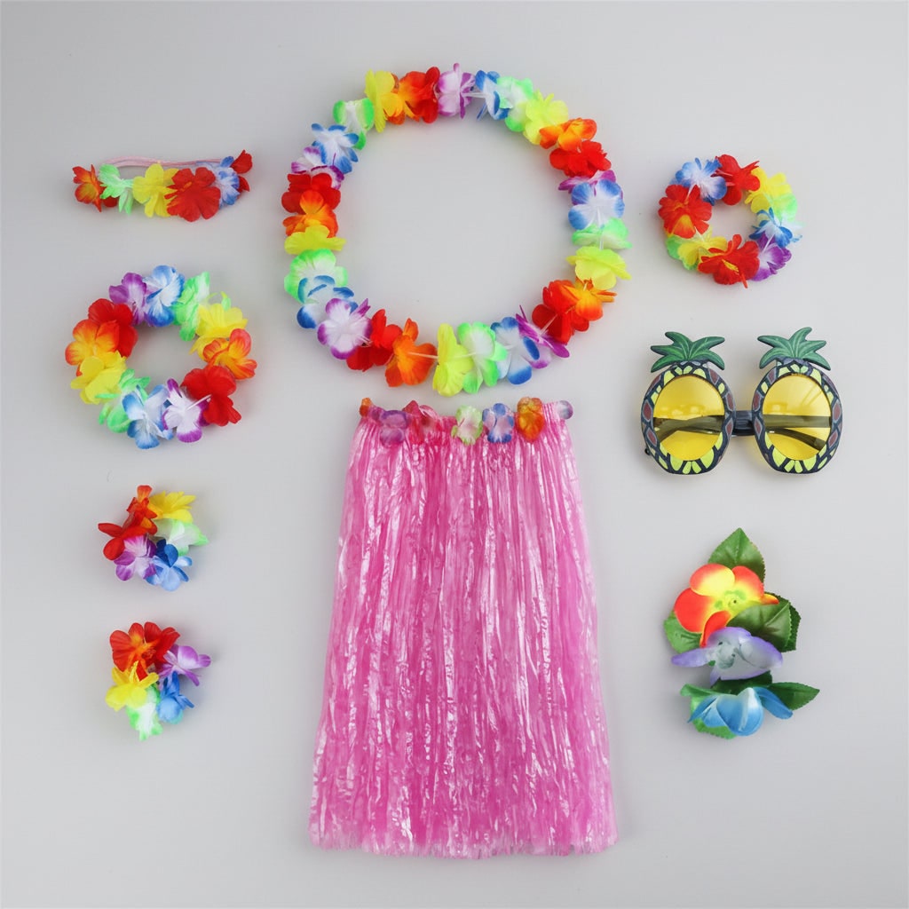 Girls Halloween Hula Skirt Costume Set for Four with Flower Accessories