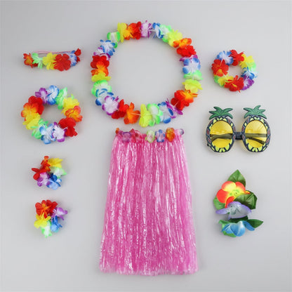 Girls Halloween Hula Skirt Costume Set for Four with Flower Accessories