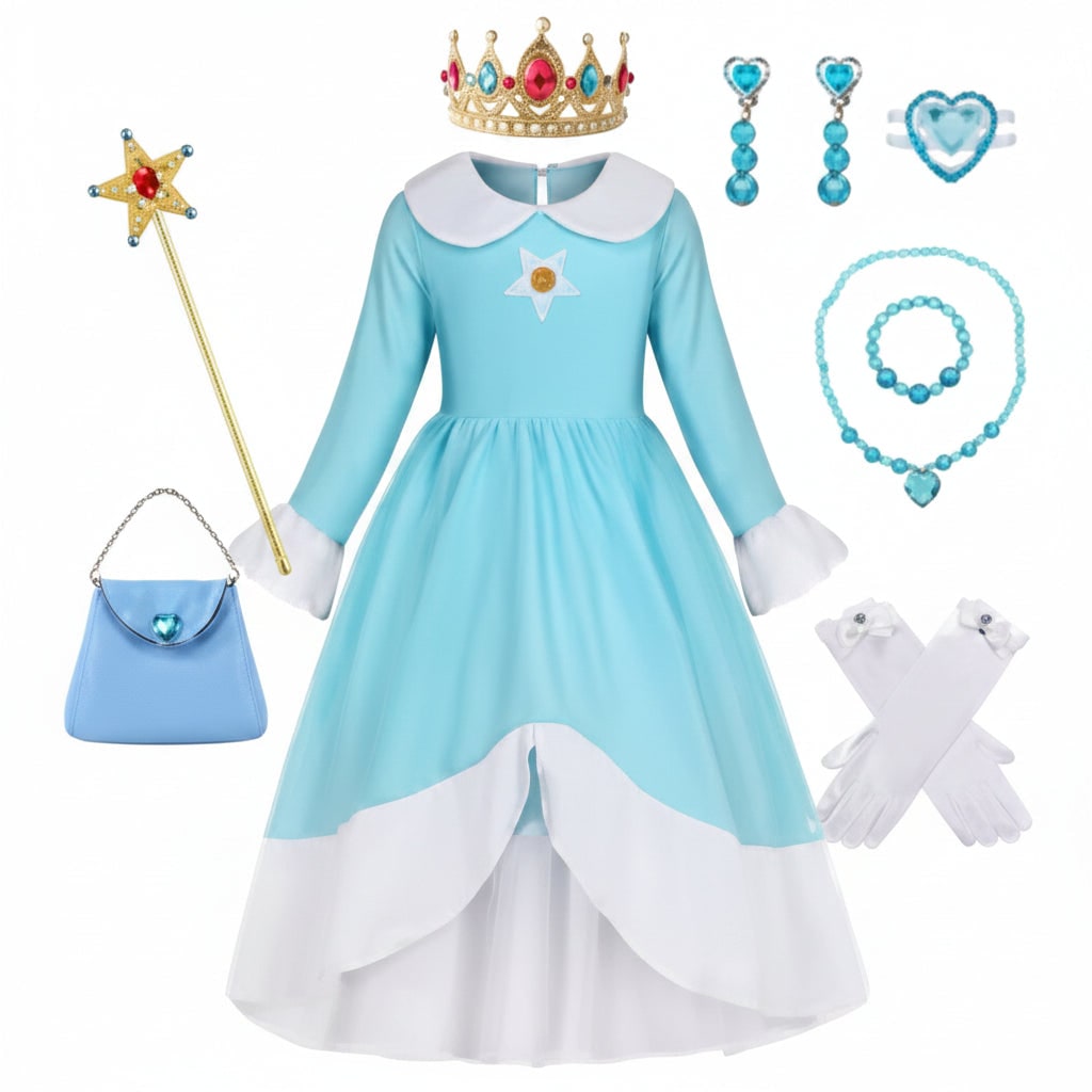 Girls Ice Princess Halloween Costume Dress Crown Wand Set