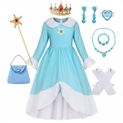 Girls Ice Princess Halloween Costume Dress Crown Wand Set
