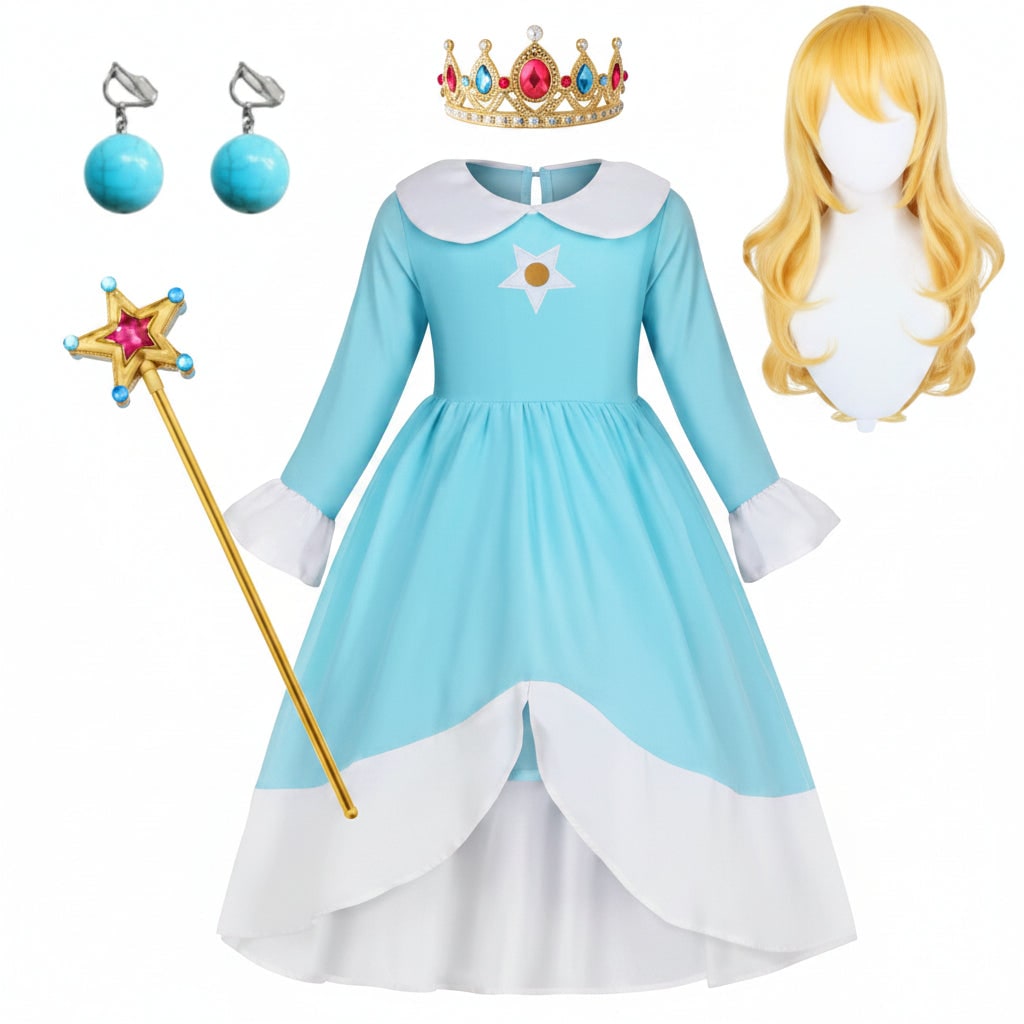 Girls Ice Princess Halloween Costume Dress Crown Wand Set