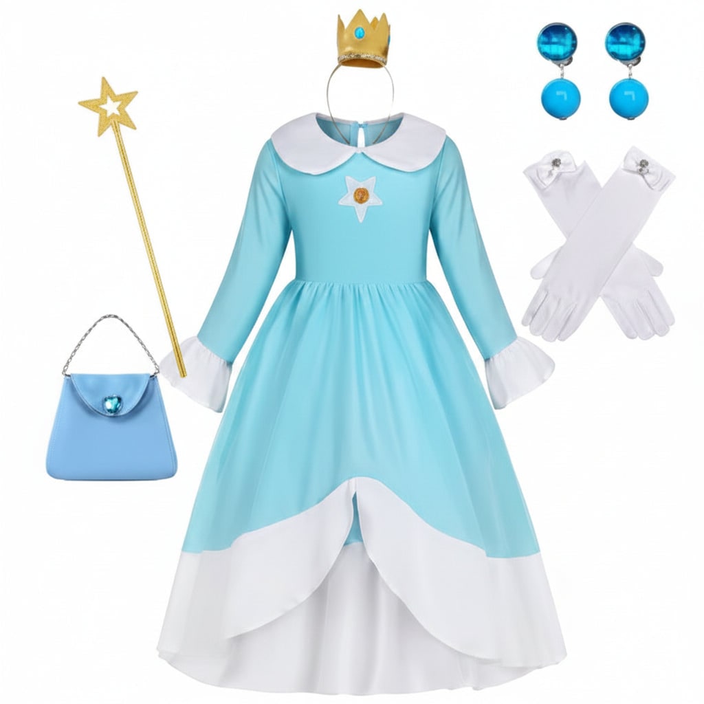 Girls Ice Princess Halloween Costume Dress Crown Wand Set