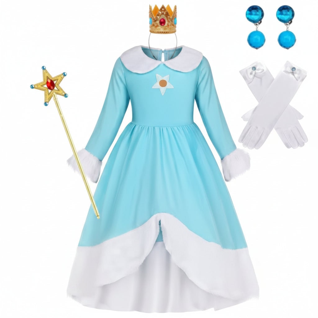 Girls Ice Princess Halloween Costume Dress Crown Wand Set