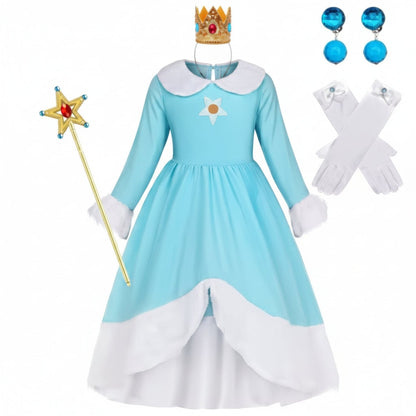 Girls Ice Princess Halloween Costume Dress Crown Wand Set