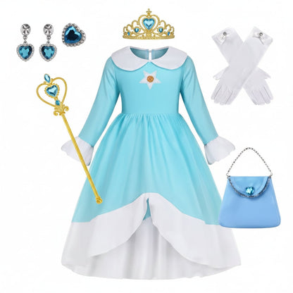 Girls Ice Princess Halloween Costume Dress Crown Wand Set