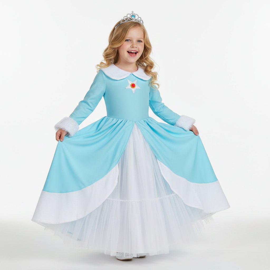 Girls Ice Princess Halloween Costume Dress Crown Wand Set