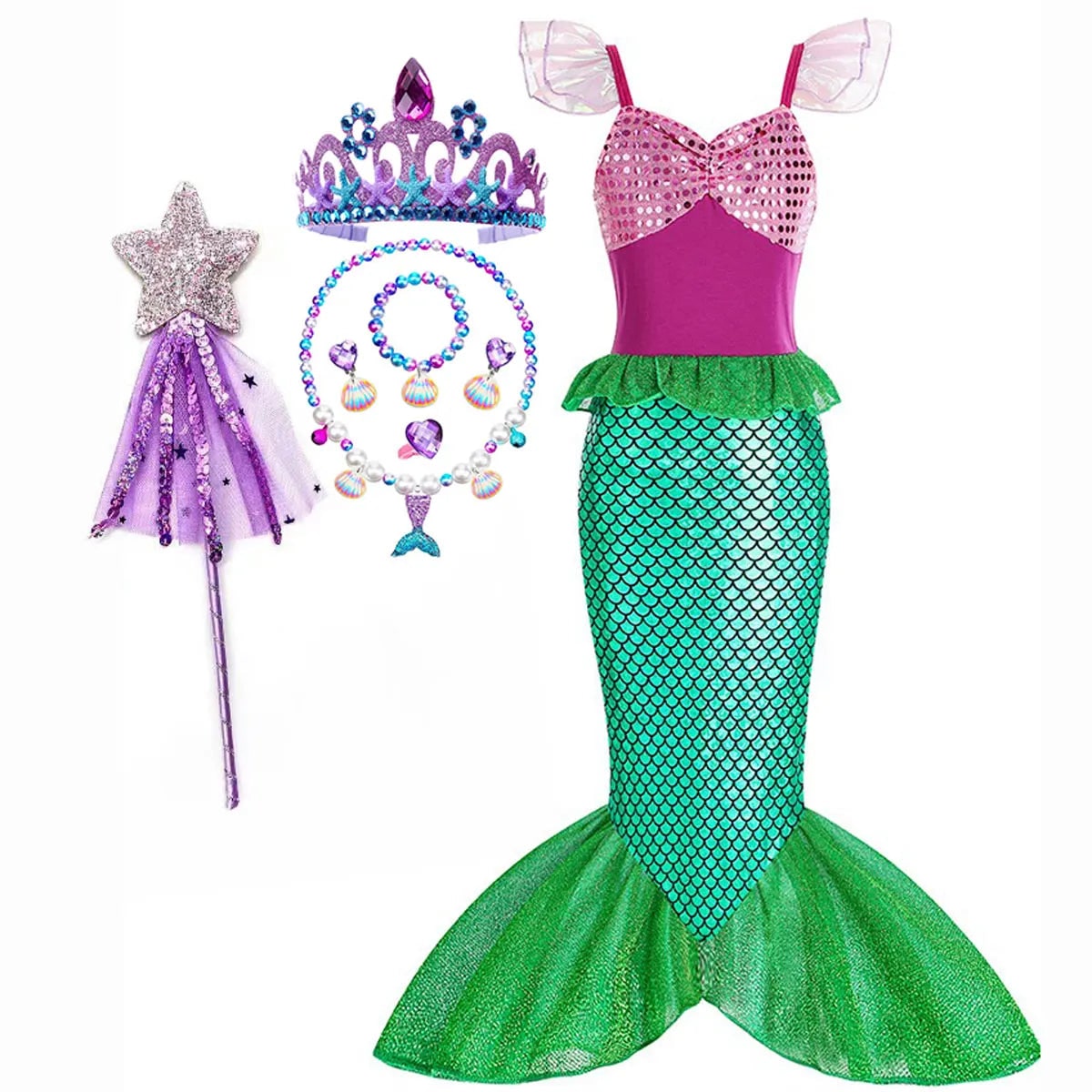 Girls Mermaid Dress Costume Glitter Style Dress Up Outfit