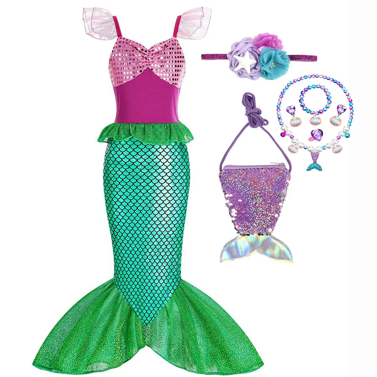 Girls Mermaid Dress Costume Glitter Style Dress Up Outfit