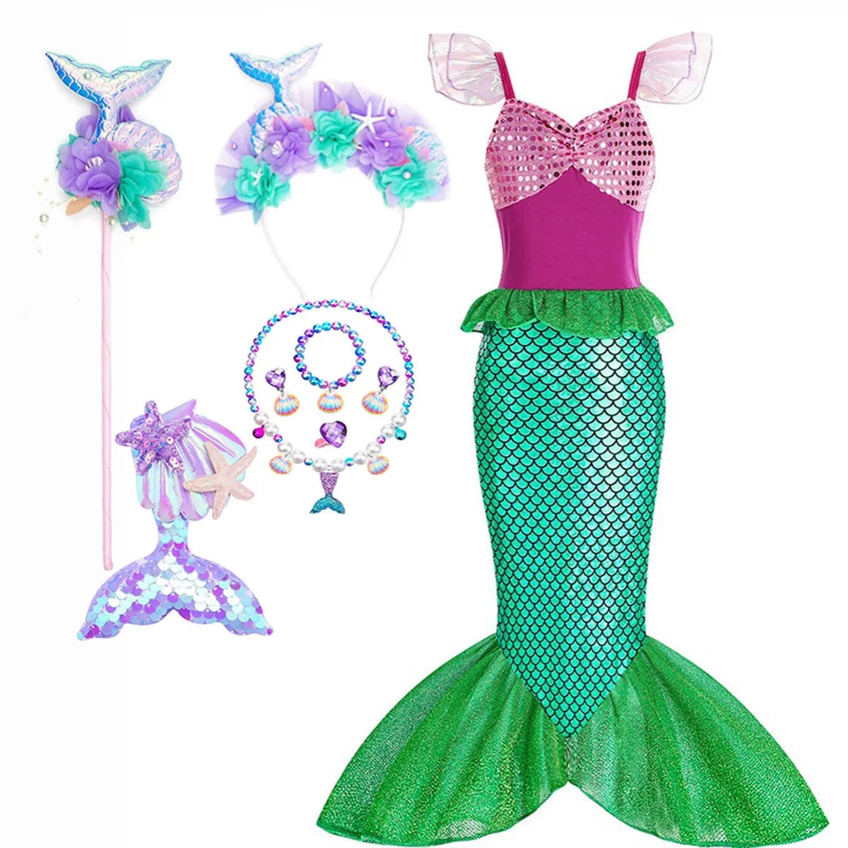 Girls Mermaid Dress Costume Glitter Style Dress Up Outfit