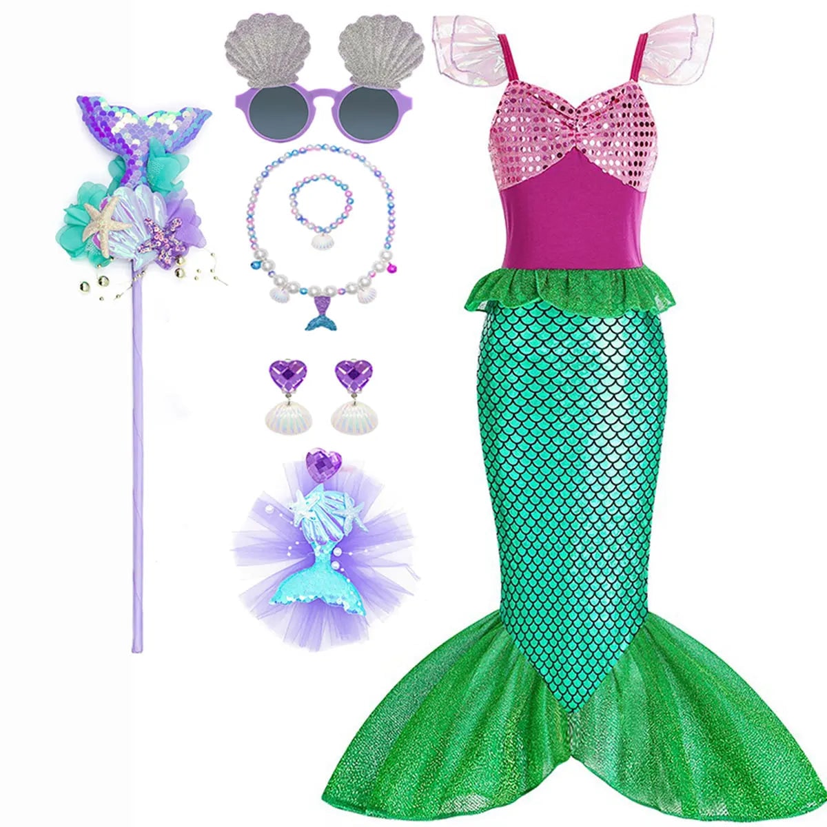 Girls Mermaid Dress Costume Glitter Style Dress Up Outfit