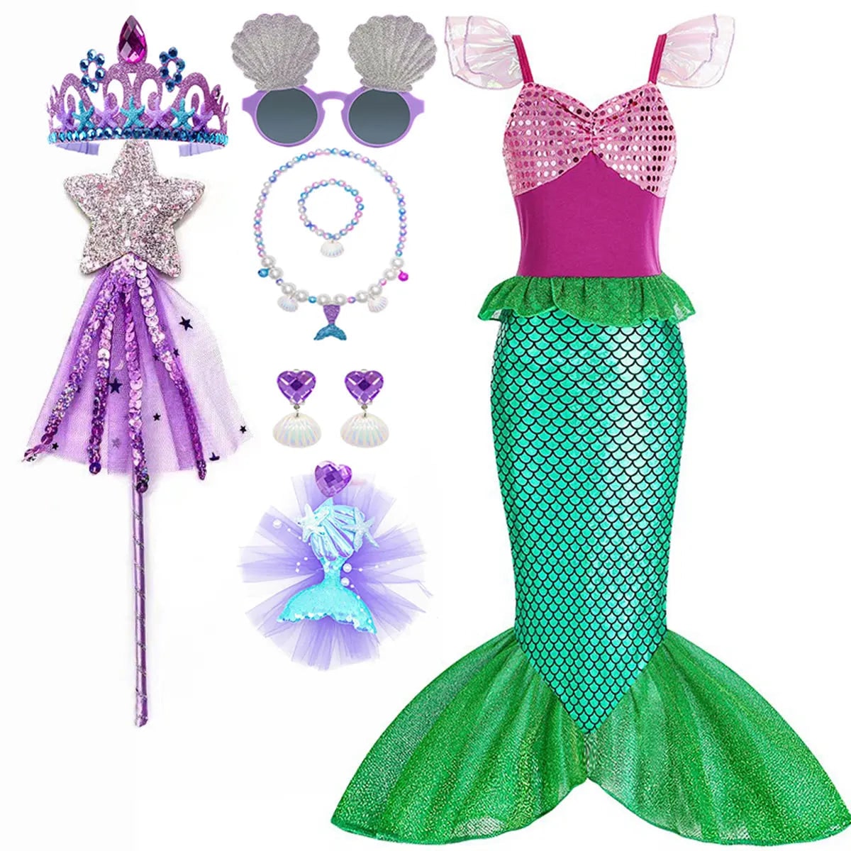 Girls Mermaid Dress Costume Glitter Style Dress Up Outfit