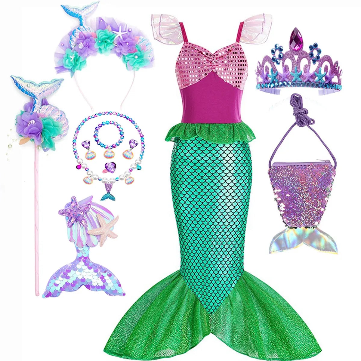 Girls Mermaid Dress Costume Glitter Style Dress Up Outfit