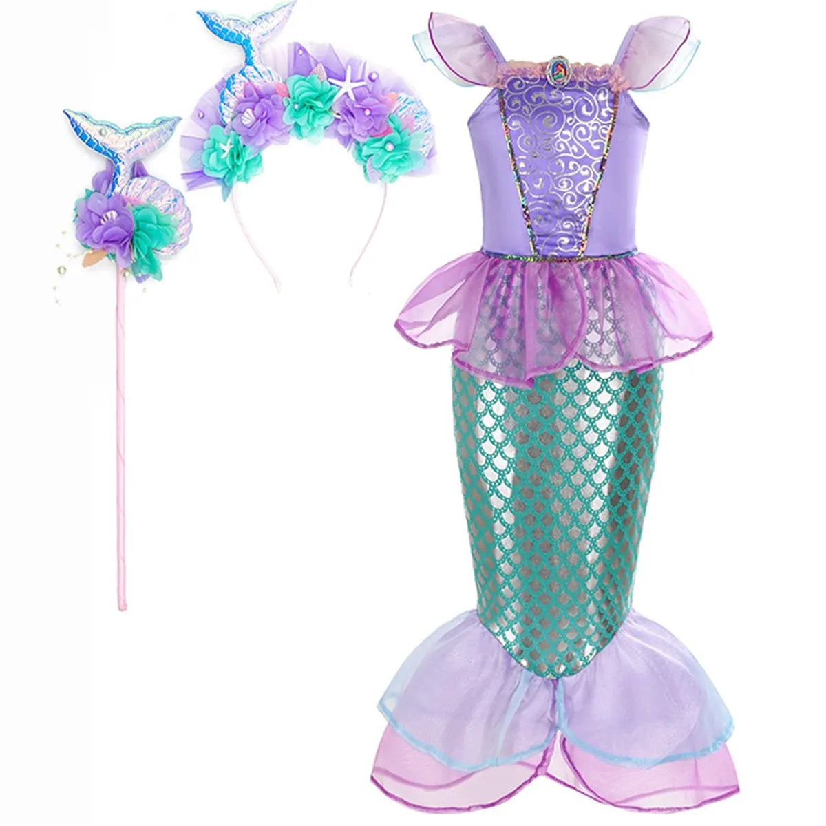 Girls Mermaid Dress Costume Glitter Style Dress Up Outfit