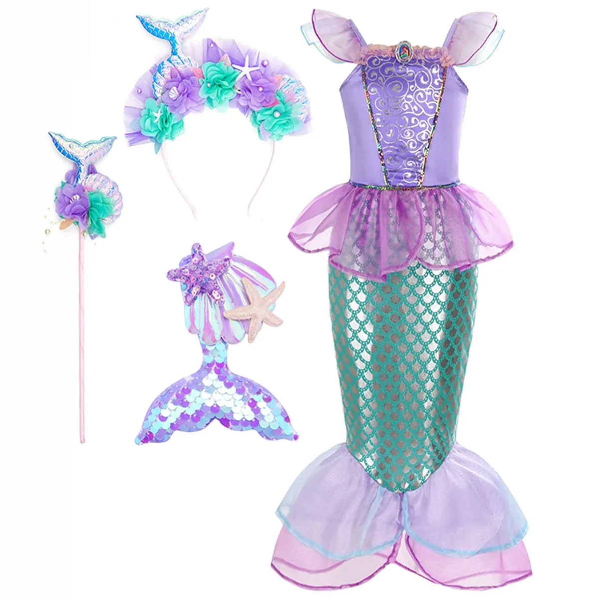 Girls Mermaid Dress Costume Glitter Style Dress Up Outfit