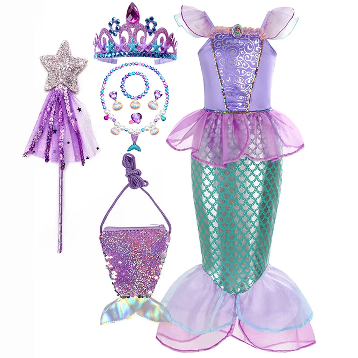 Girls Mermaid Dress Costume Glitter Style Dress Up Outfit