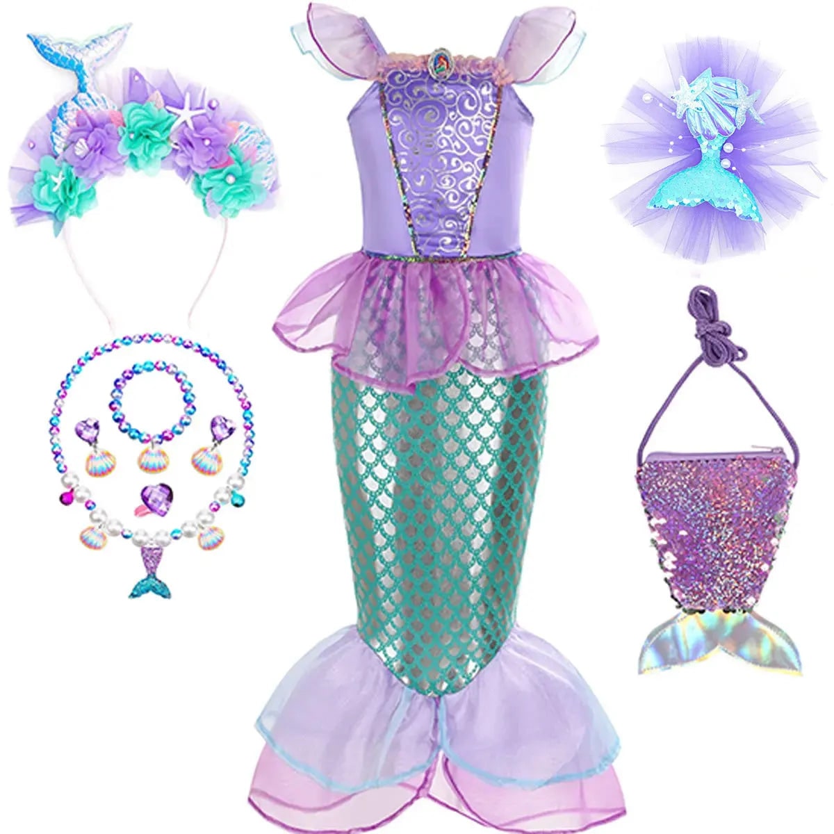 Girls Mermaid Dress Costume Glitter Style Dress Up Outfit