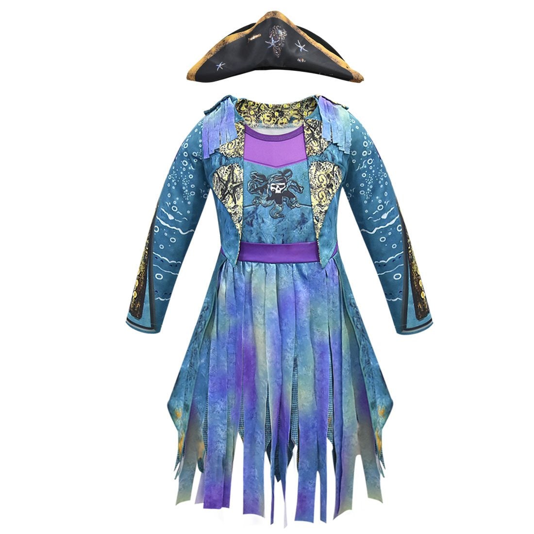 Girls Pirate Halloween Costume Dress With Optional Hat Wig Gloves