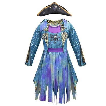 Girls Pirate Halloween Costume Dress With Optional Hat Wig Gloves