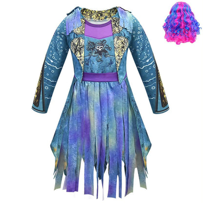 Girls Pirate Halloween Costume Dress With Optional Hat Wig Gloves