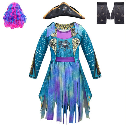 Girls Pirate Halloween Costume Dress With Optional Hat Wig Gloves