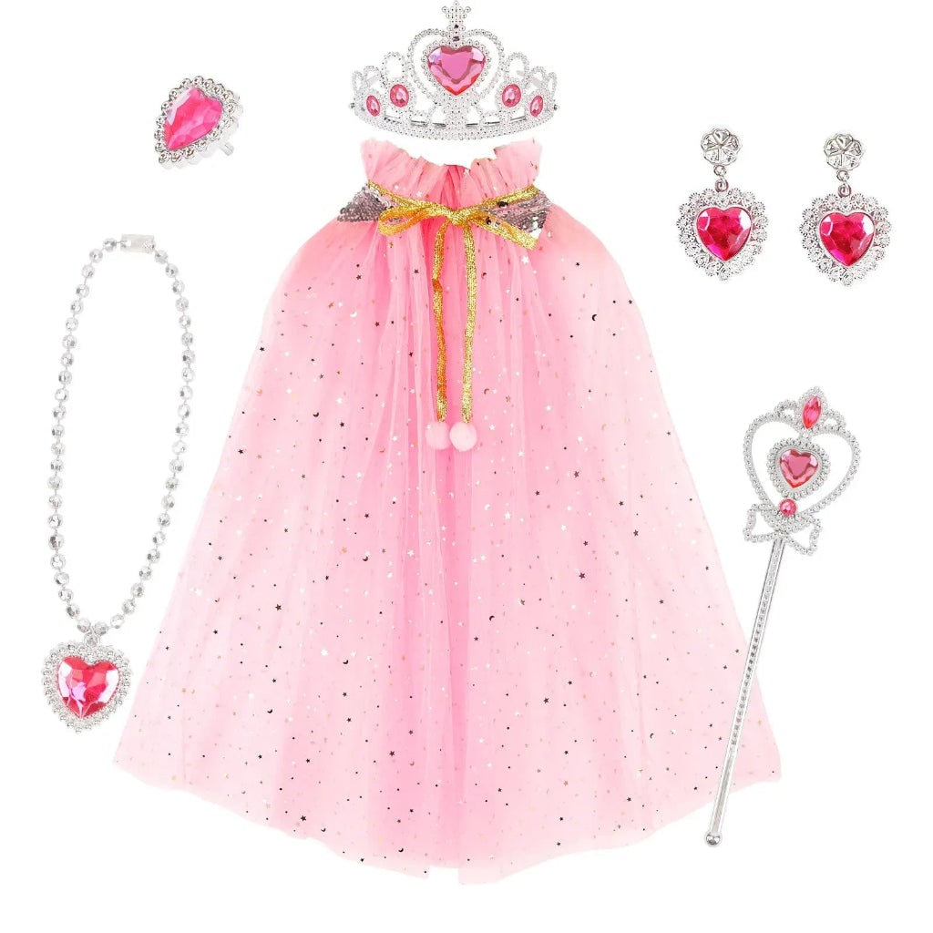 Set di costume da principessa per bambine, mantello, tiara, collana e bracciale