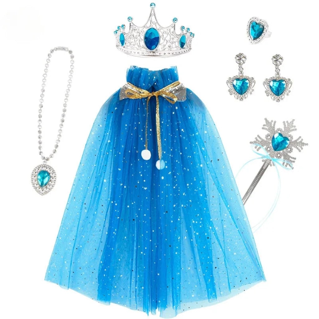 Set di costume da principessa per bambine, mantello, tiara, collana e bracciale