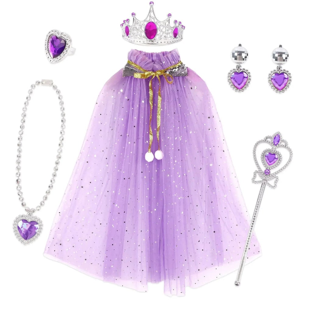 Set di costume da principessa per bambine, mantello, tiara, collana e bracciale