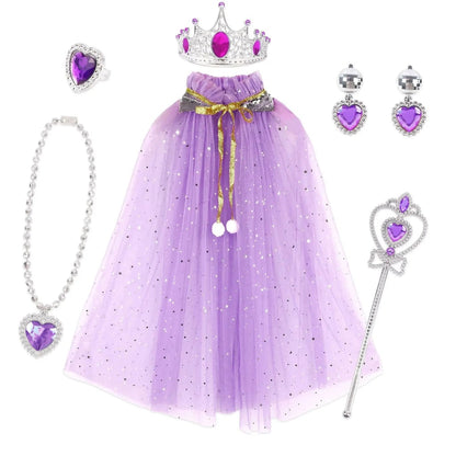 Set di costume da principessa per bambine, mantello, tiara, collana e bracciale