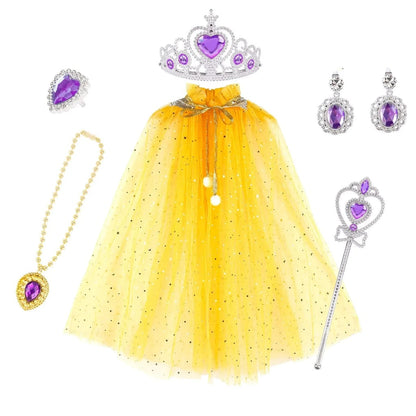 Set di costume da principessa per bambine, mantello, tiara, collana e bracciale