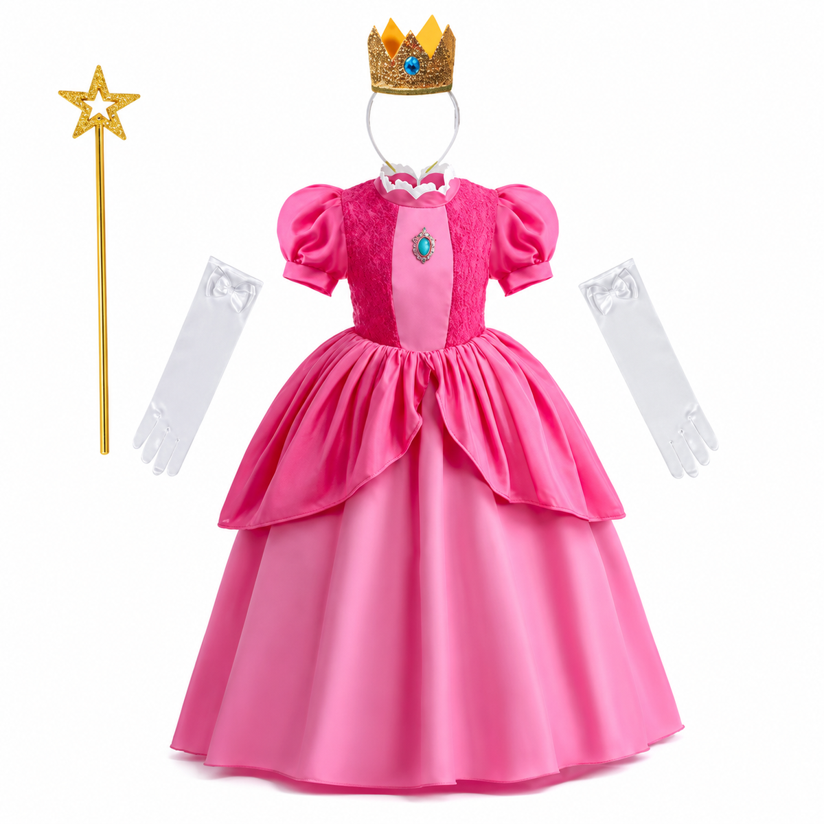 Girls Princess Halloween Costume Dress Crown Gloves Wand Set
