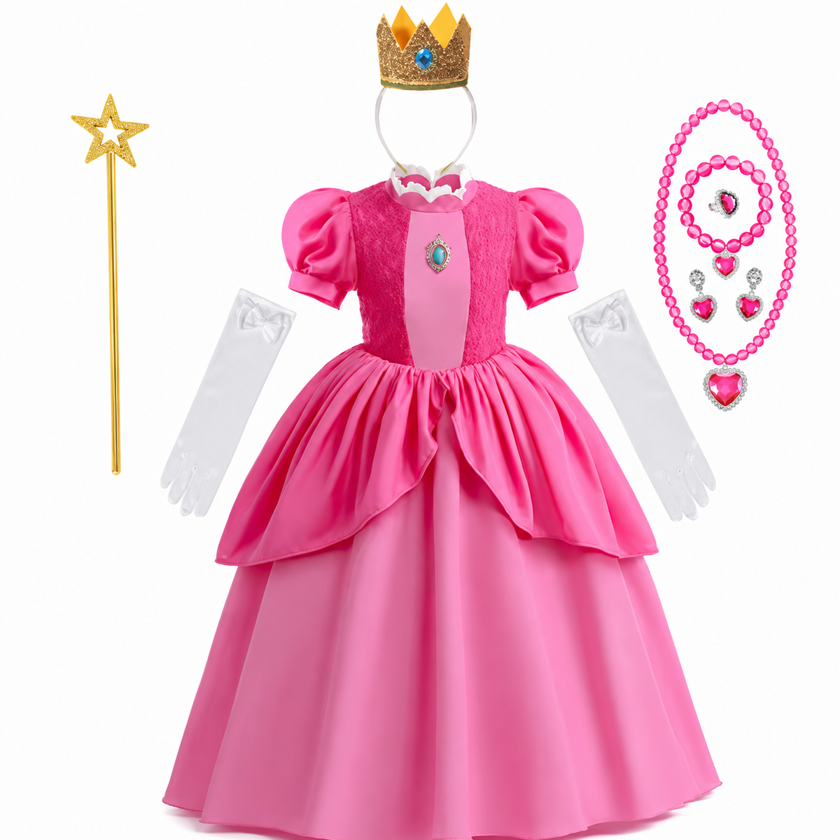Girls Princess Halloween Costume Dress Crown Gloves Wand Set