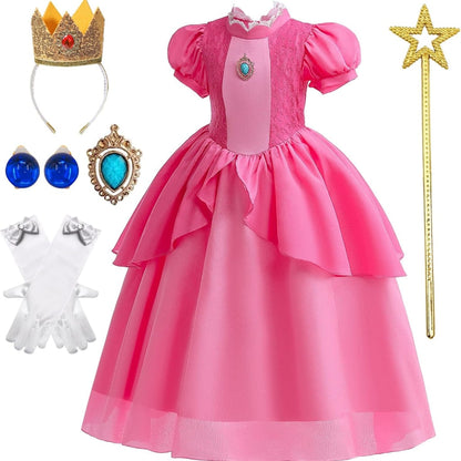 Girls Princess Halloween Costume Dress Crown Gloves Wand Set
