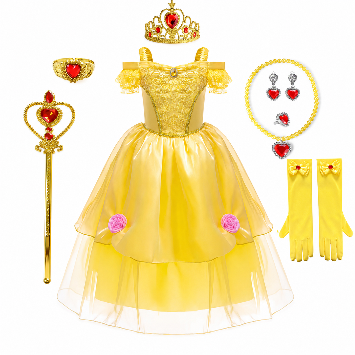 Halloween-kostumesæt med prinsessekjole til piger, inklusive krone og tilbehør