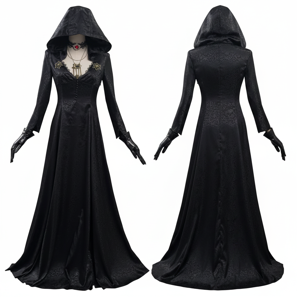 Gotisk vampyrkostume til Halloween med kjole og kappe, cosplay-sæt