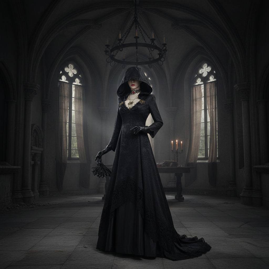 Gotisk vampyrkostume til Halloween med kjole og kappe, cosplay-sæt