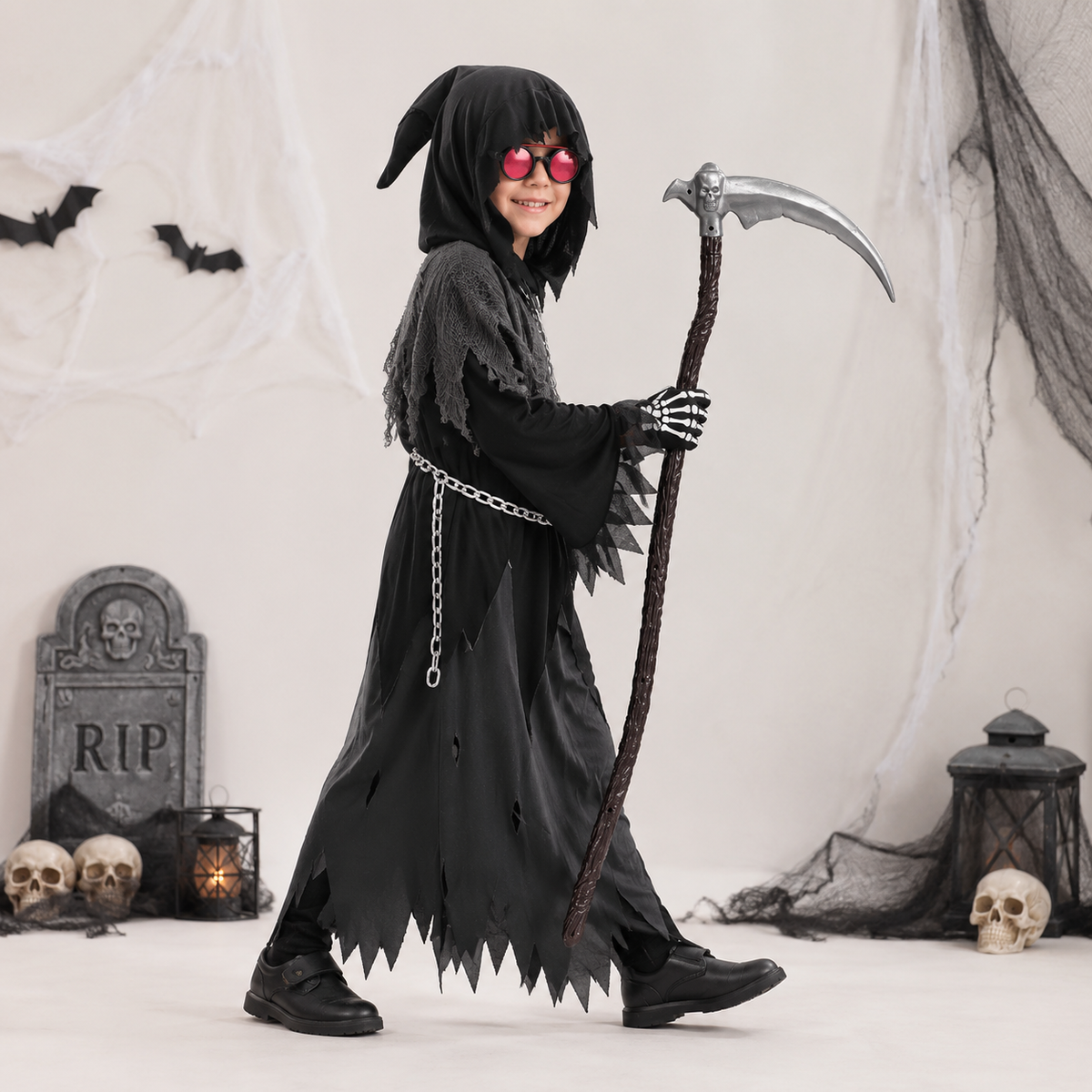 Grim Reaper Halloween Costume Hooded Robe Glowing Eye Design Kids