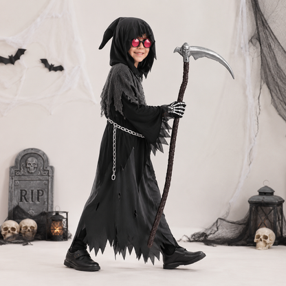 Grim Reaper Halloween Costume Hooded Robe Glowing Eye Design Kids